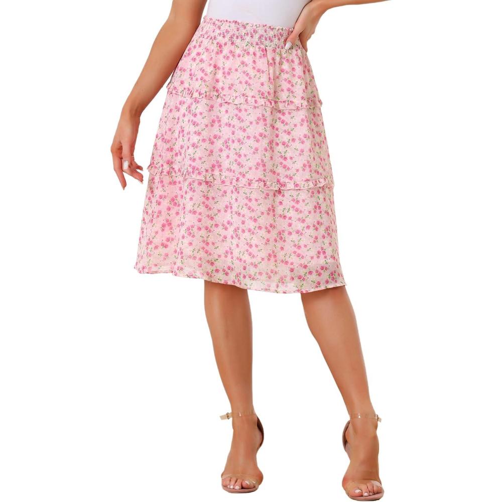 imageAllegra K Womens Floral Skirts Summer Chiffon Smocked Elastic Waist ALine Below Knee Length Ruffle Tiered SkirtPinks