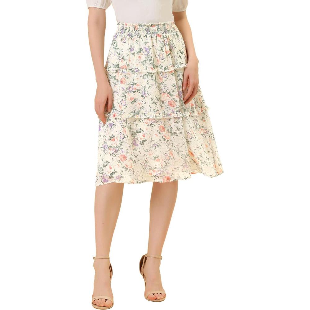 imageAllegra K Womens Floral Skirts Summer Chiffon Smocked Elastic Waist ALine Below Knee Length Ruffle Tiered SkirtWhite