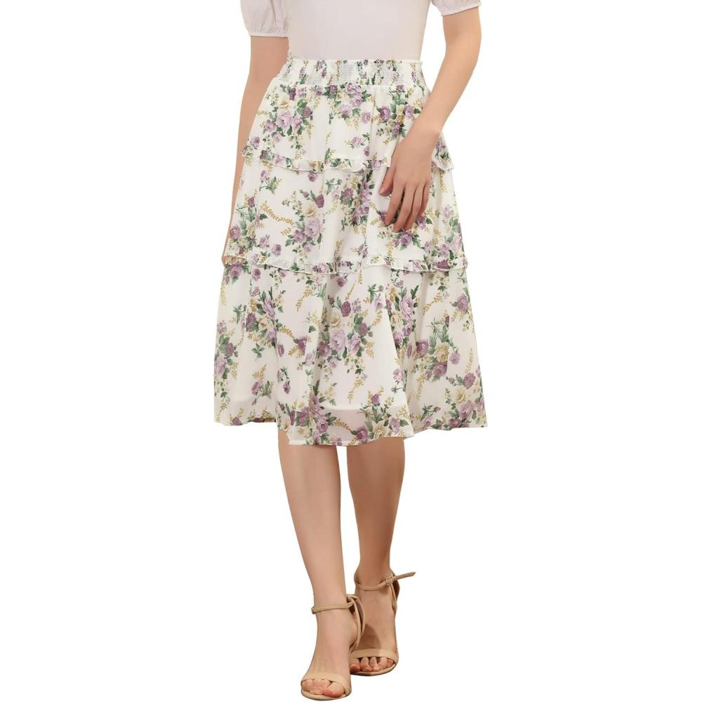 imageAllegra K Womens Floral Skirts Summer Chiffon Smocked Elastic Waist ALine Below Knee Length Ruffle Tiered SkirtWhite Purple