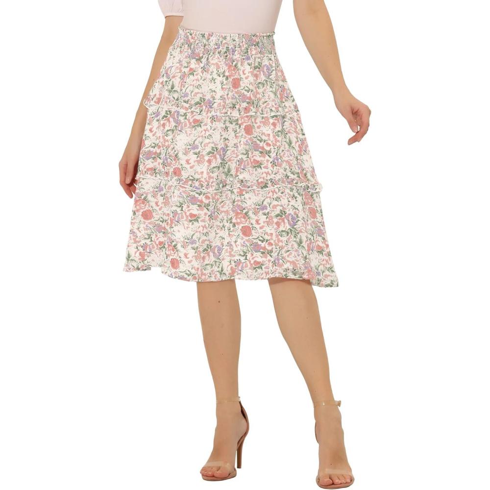 imageAllegra K Womens Floral Skirts Summer Chiffon Smocked Elastic Waist ALine Below Knee Length Ruffle Tiered SkirtWhite2