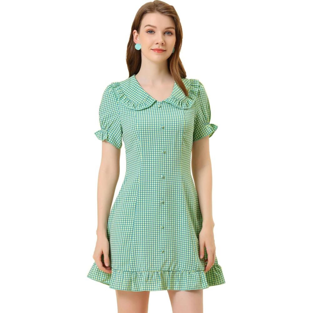 imageAllegra K Womens Gingham Checks Ruffled Peter Pan Collar Cute Mini DressBlue Yellow