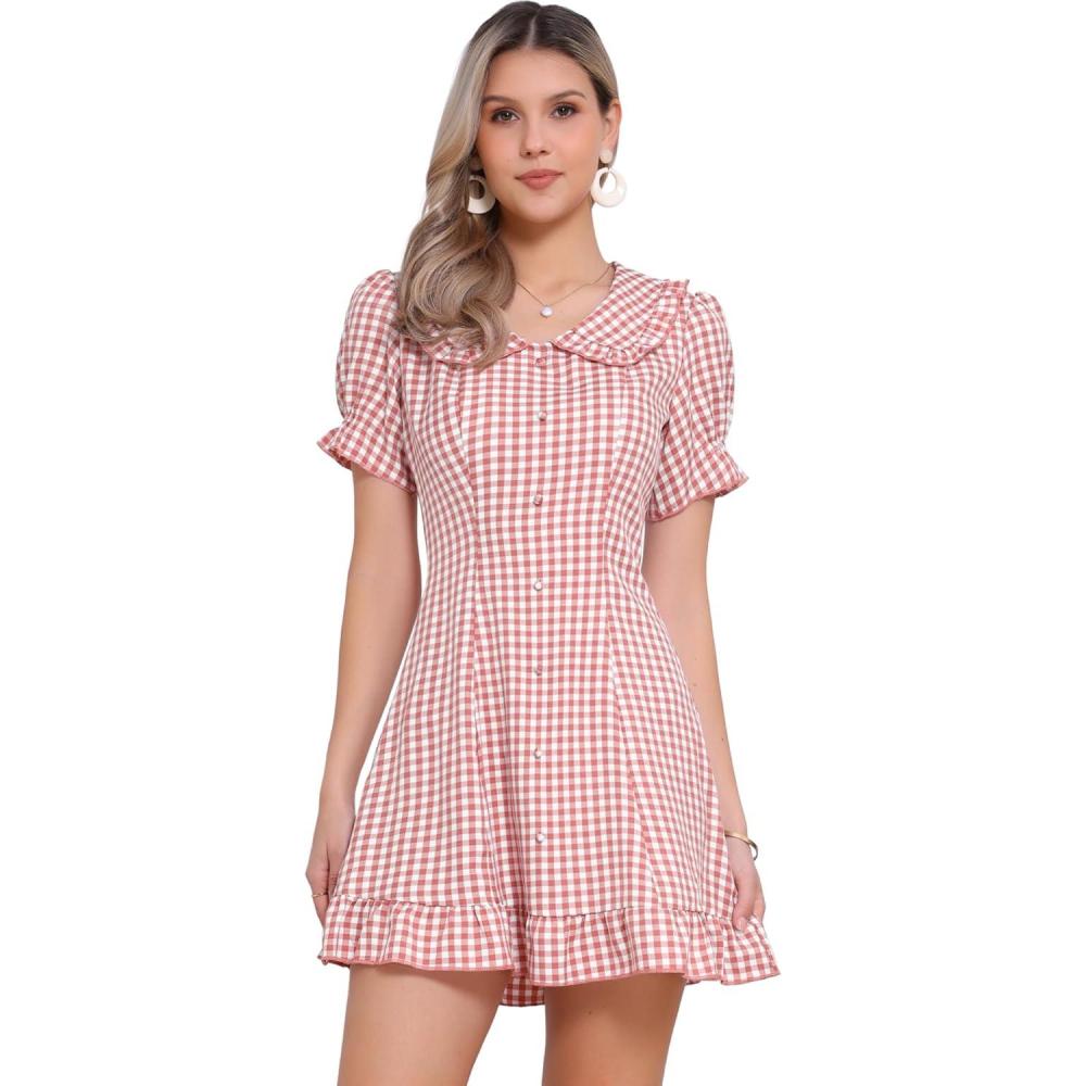 imageAllegra K Womens Gingham Checks Ruffled Peter Pan Collar Cute Mini DressDark Pink