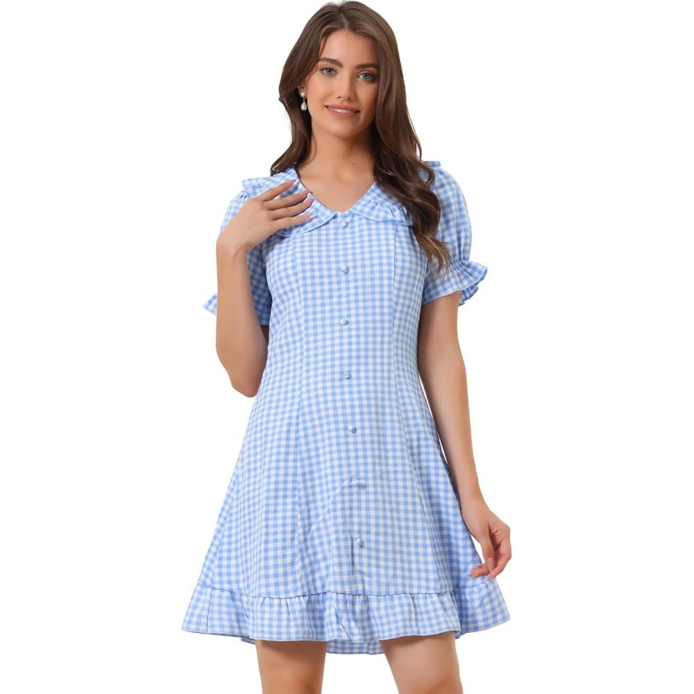 imageAllegra K Womens Gingham Checks Ruffled Peter Pan Collar Cute Mini DressLight Blue