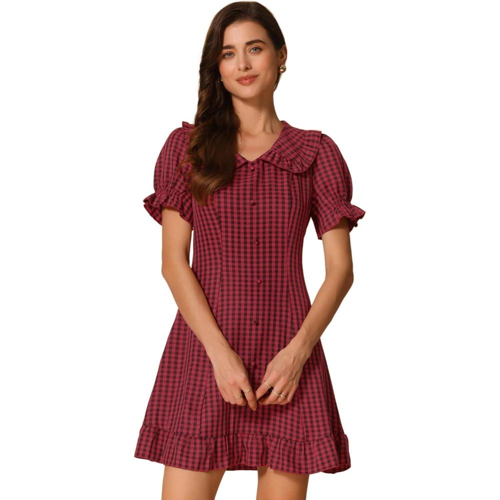 imageAllegra K Womens Gingham Checks Ruffled Peter Pan Collar Cute Mini DressRed Black