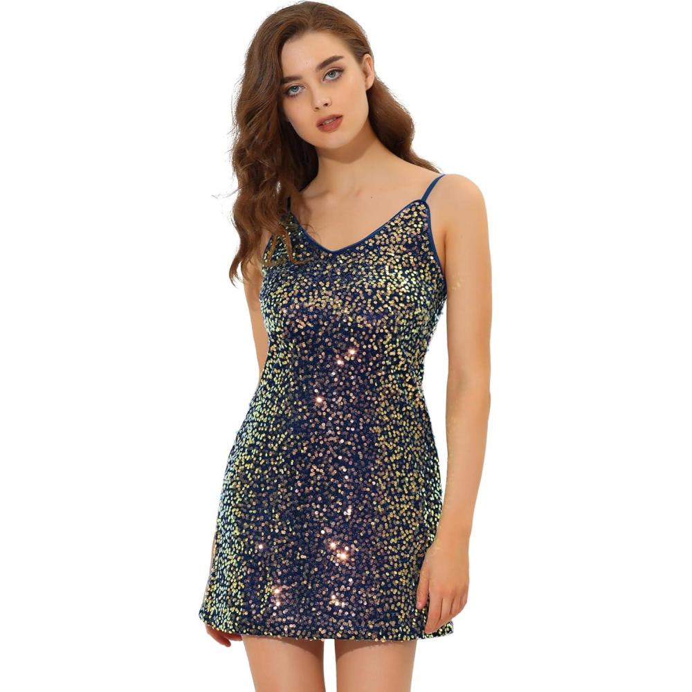 imageAllegra K Womens Glitter Sequin Dress Spaghetti Strap V Neck Party Cocktail Sparkly Mini Dress ClubwearBlues