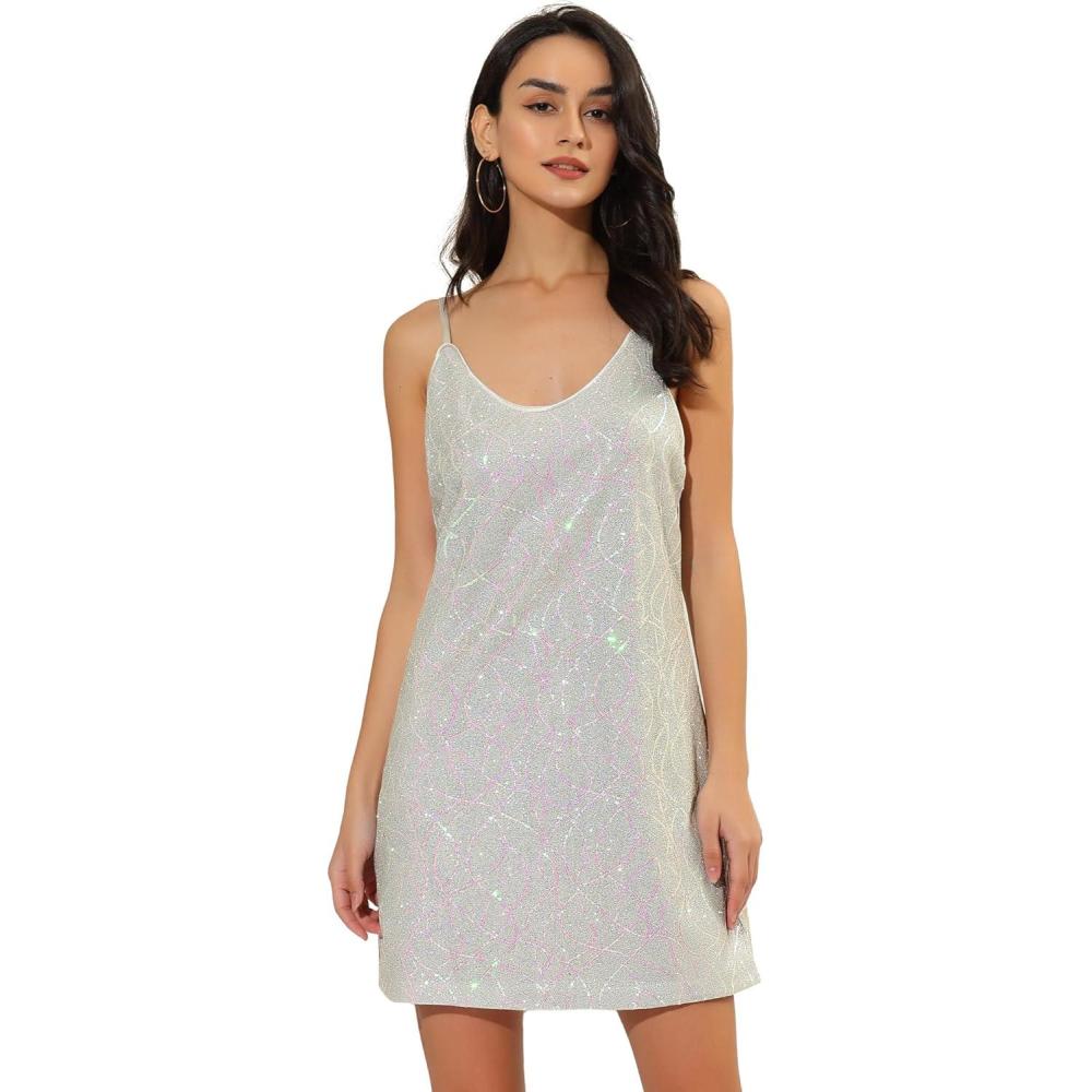 imageAllegra K Womens Glitter Sequin Dress Spaghetti Strap V Neck Party Cocktail Sparkly Mini Dress ClubwearWhite With Pinks