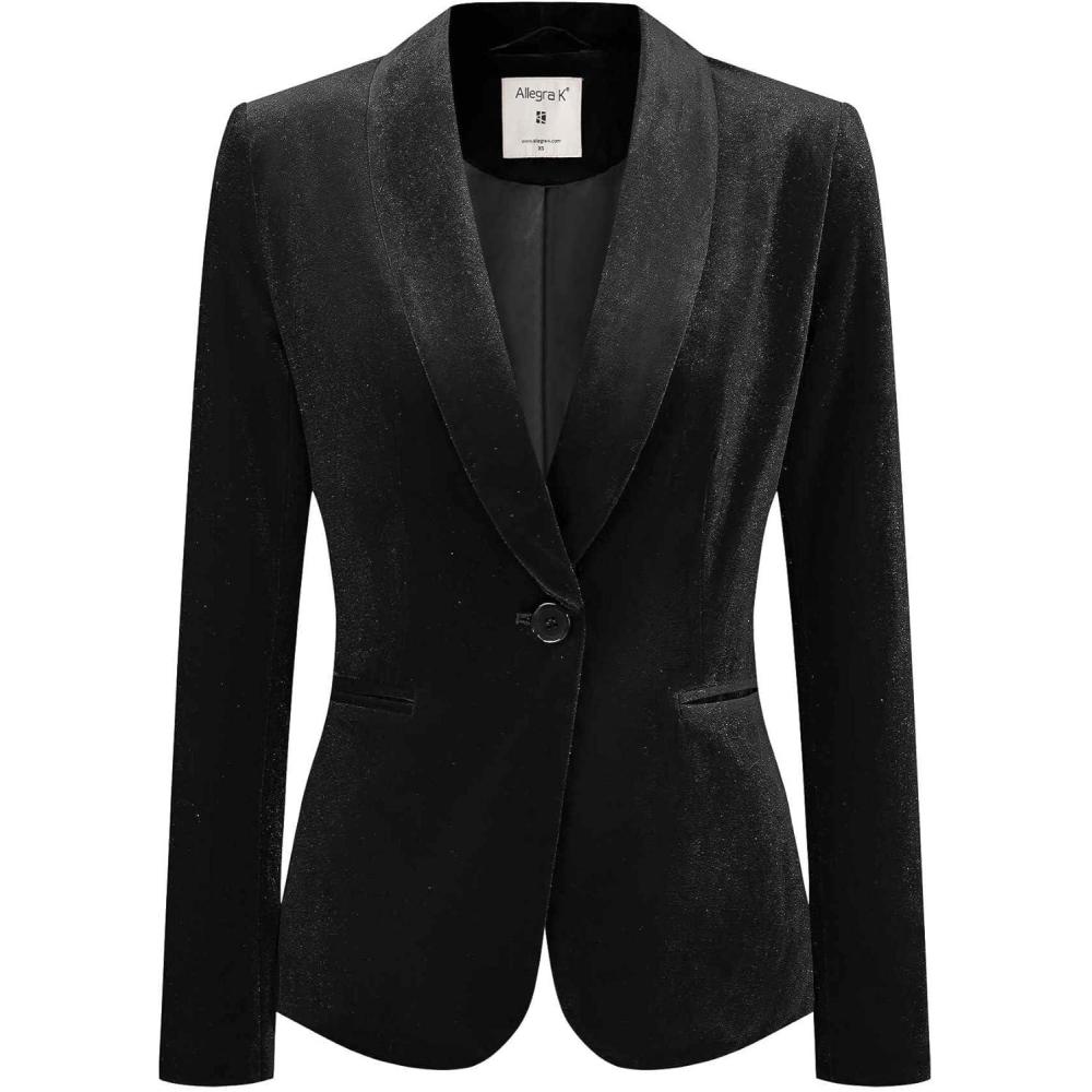imageAllegra K Womens Halloween Christmas Office Coat Solid Shawl Collar 1 Button Velvet BlazerBlack