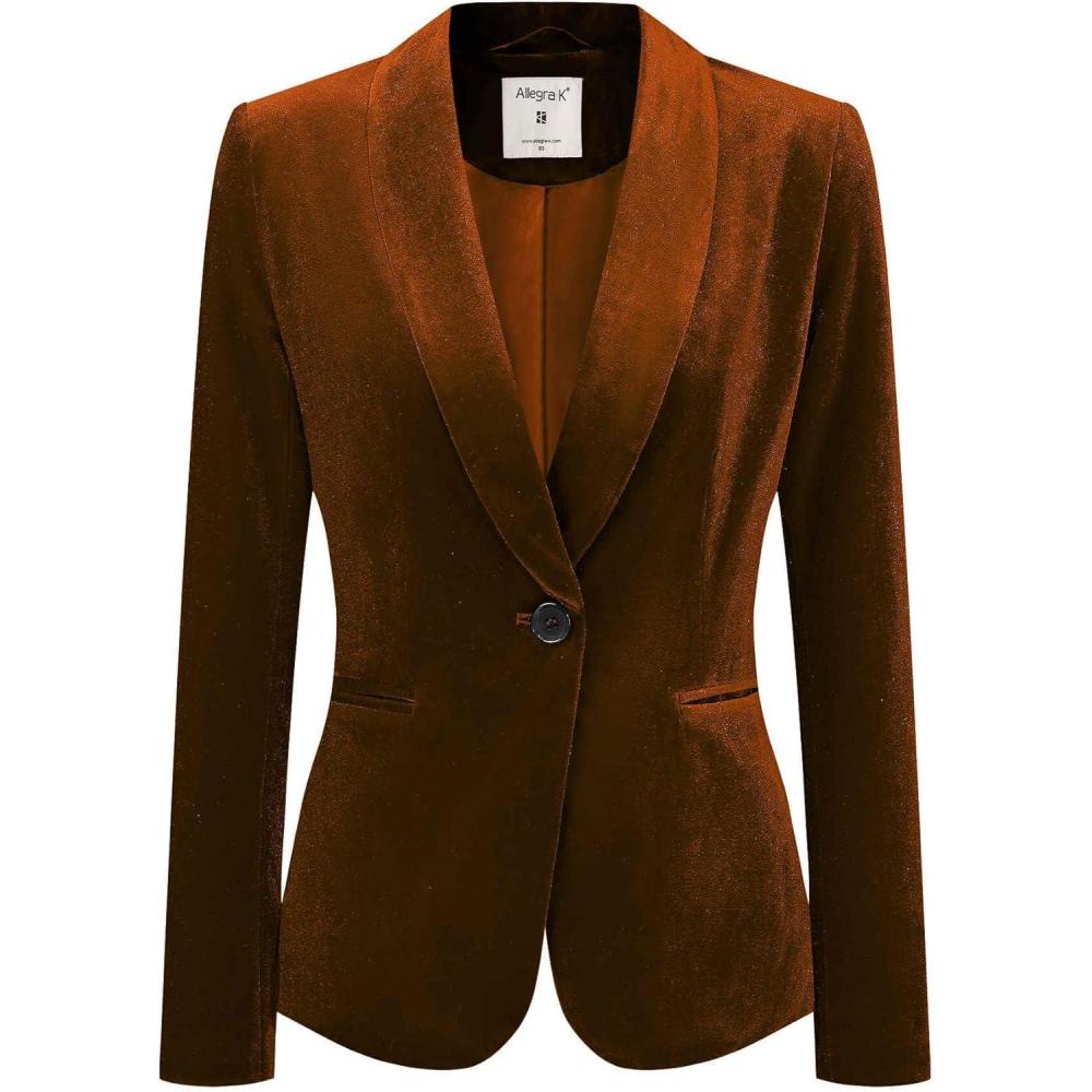imageAllegra K Womens Halloween Christmas Office Coat Solid Shawl Collar 1 Button Velvet BlazerBrown
