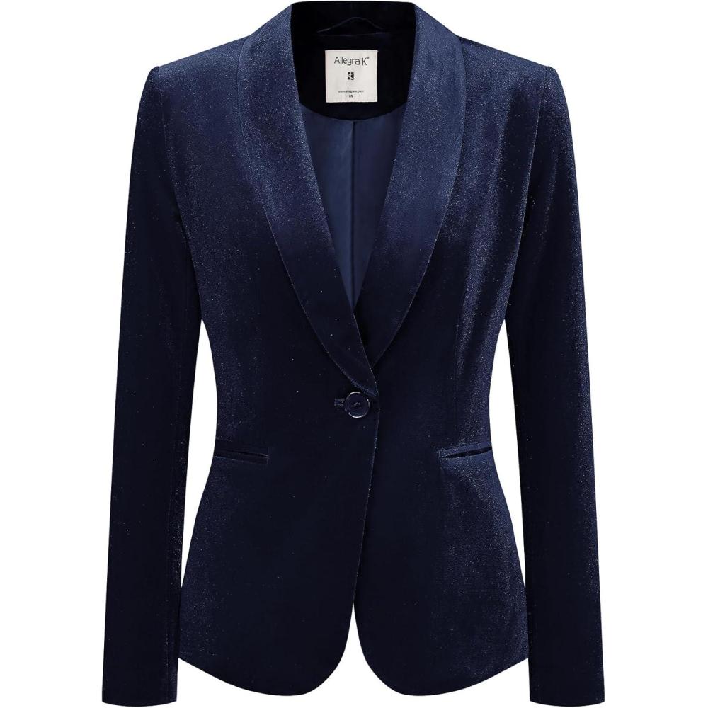 imageAllegra K Womens Halloween Christmas Office Coat Solid Shawl Collar 1 Button Velvet BlazerDark Blue