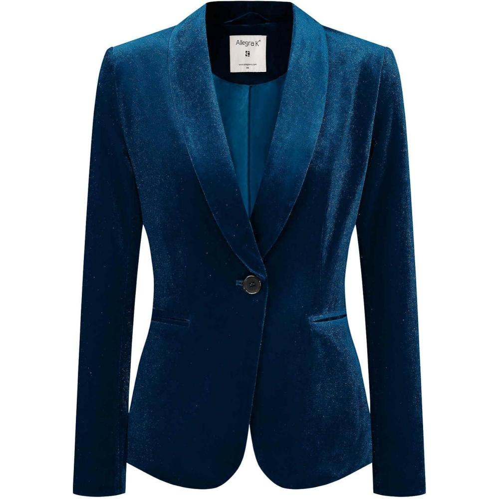 imageAllegra K Womens Halloween Christmas Office Coat Solid Shawl Collar 1 Button Velvet BlazerDeep Blue