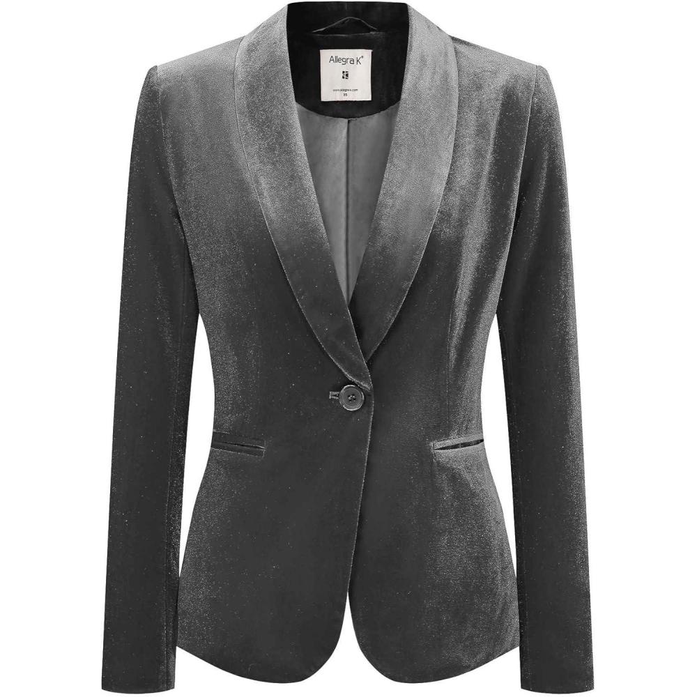 imageAllegra K Womens Halloween Christmas Office Coat Solid Shawl Collar 1 Button Velvet BlazerGray