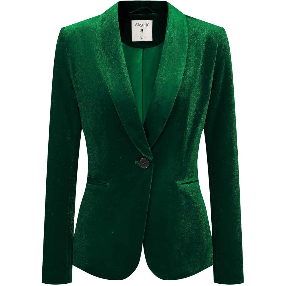 imageAllegra K Womens Halloween Christmas Office Coat Solid Shawl Collar 1 Button Velvet BlazerGreen