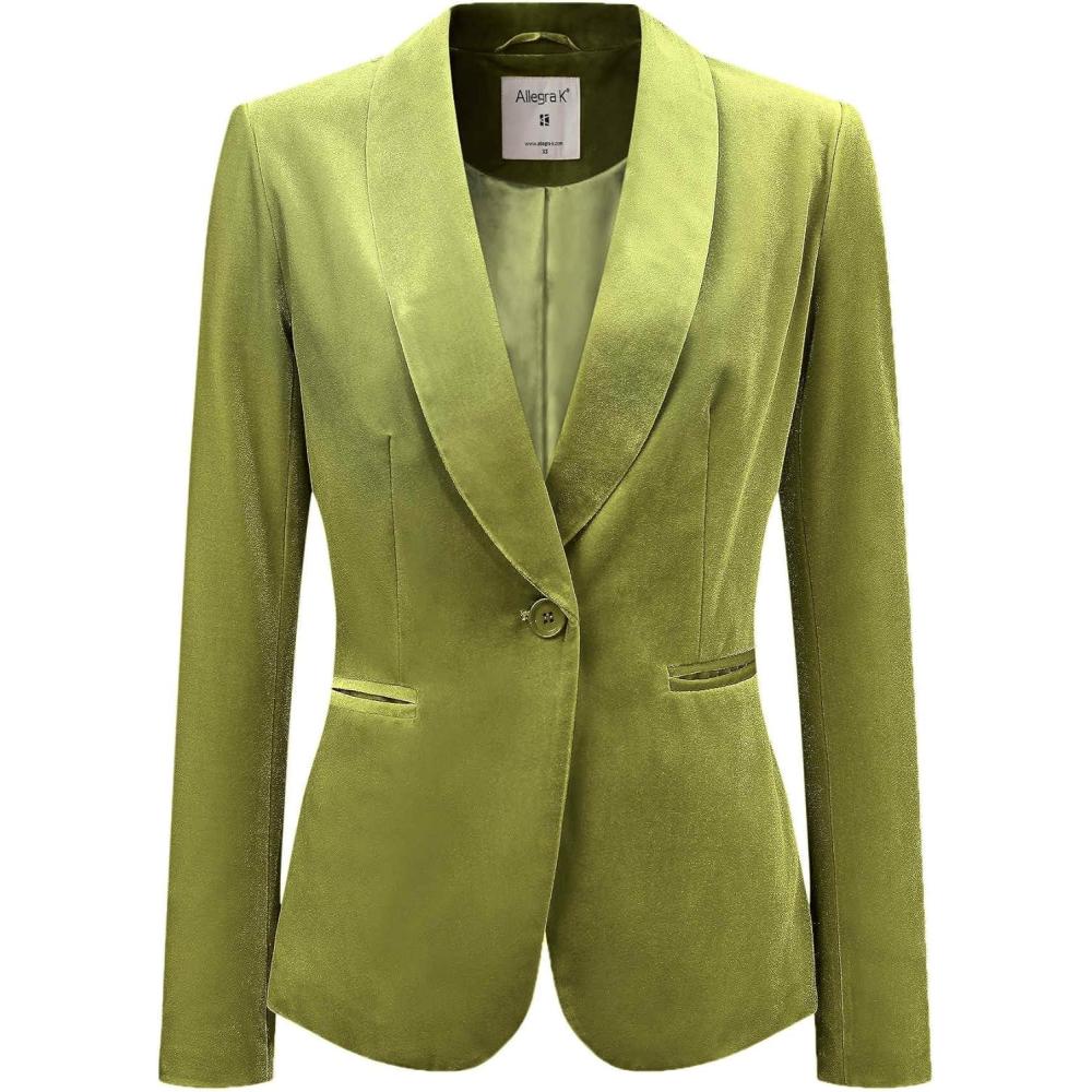 imageAllegra K Womens Halloween Christmas Office Coat Solid Shawl Collar 1 Button Velvet BlazerGreen Yellow
