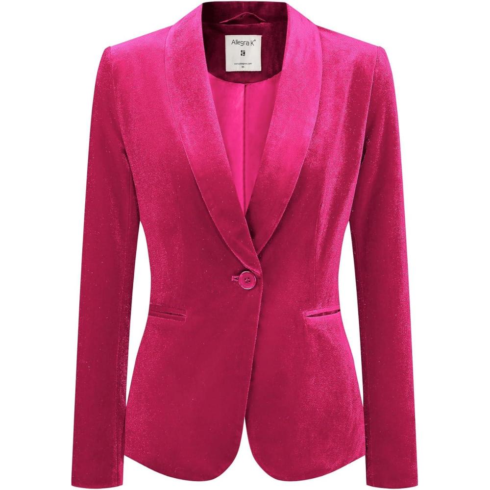 imageAllegra K Womens Halloween Christmas Office Coat Solid Shawl Collar 1 Button Velvet BlazerHot Pink