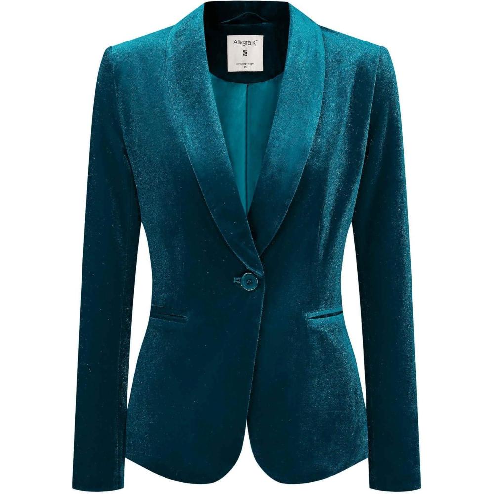 imageAllegra K Womens Halloween Christmas Office Coat Solid Shawl Collar 1 Button Velvet BlazerLake Blue