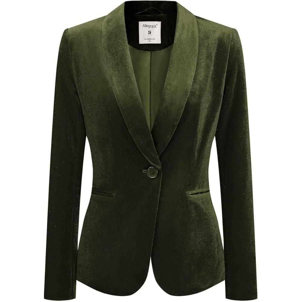 imageAllegra K Womens Halloween Christmas Office Coat Solid Shawl Collar 1 Button Velvet BlazerOlive Green