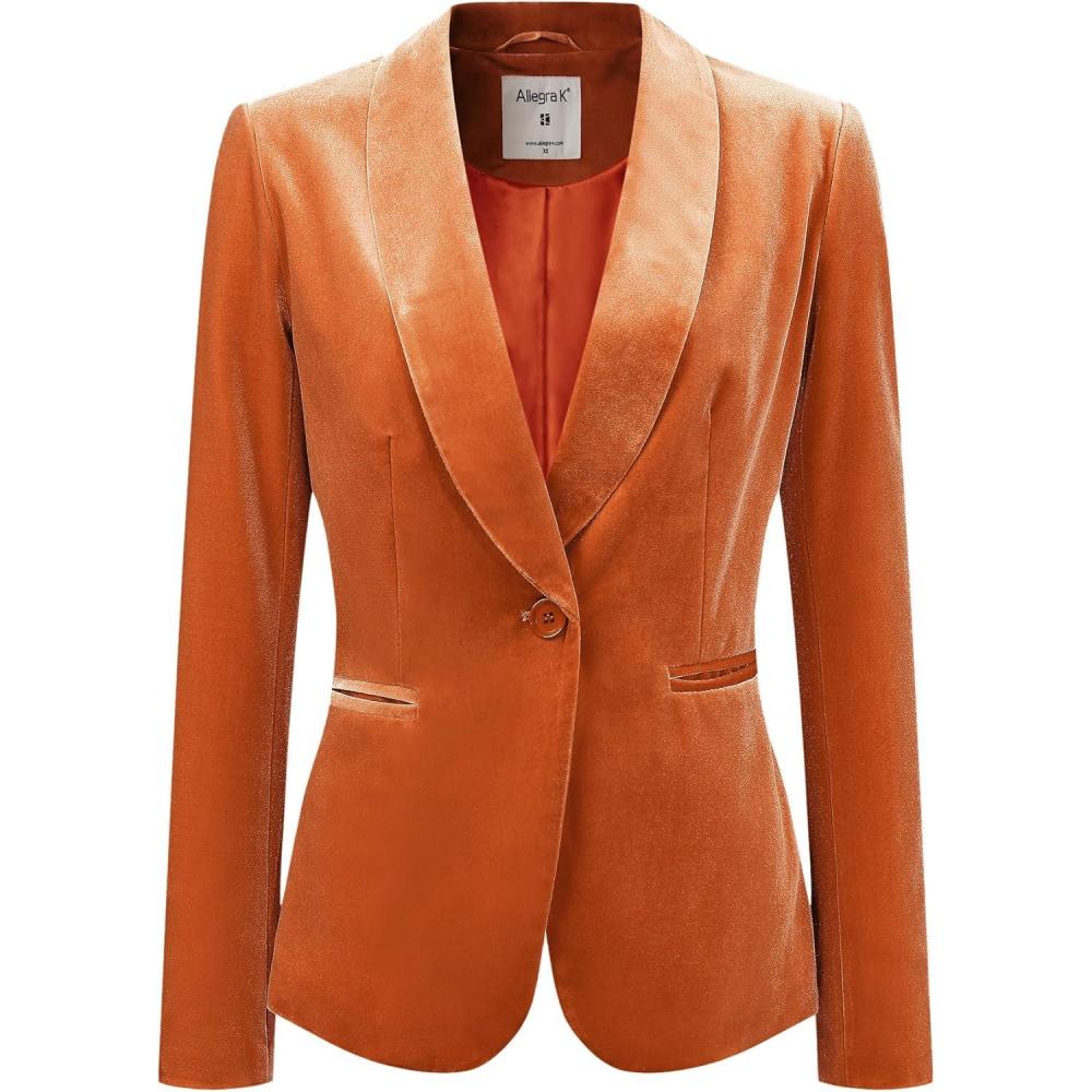 imageAllegra K Womens Halloween Christmas Office Coat Solid Shawl Collar 1 Button Velvet BlazerOrange
