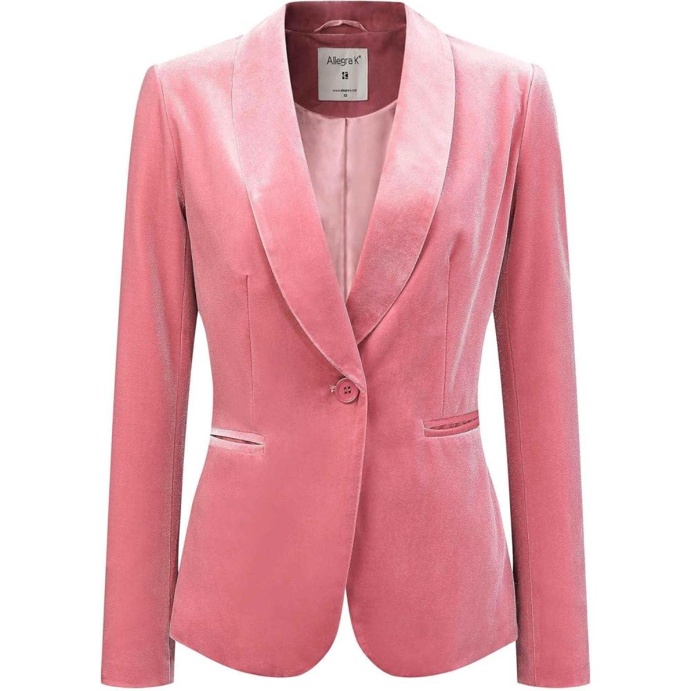 imageAllegra K Womens Halloween Christmas Office Coat Solid Shawl Collar 1 Button Velvet BlazerPink