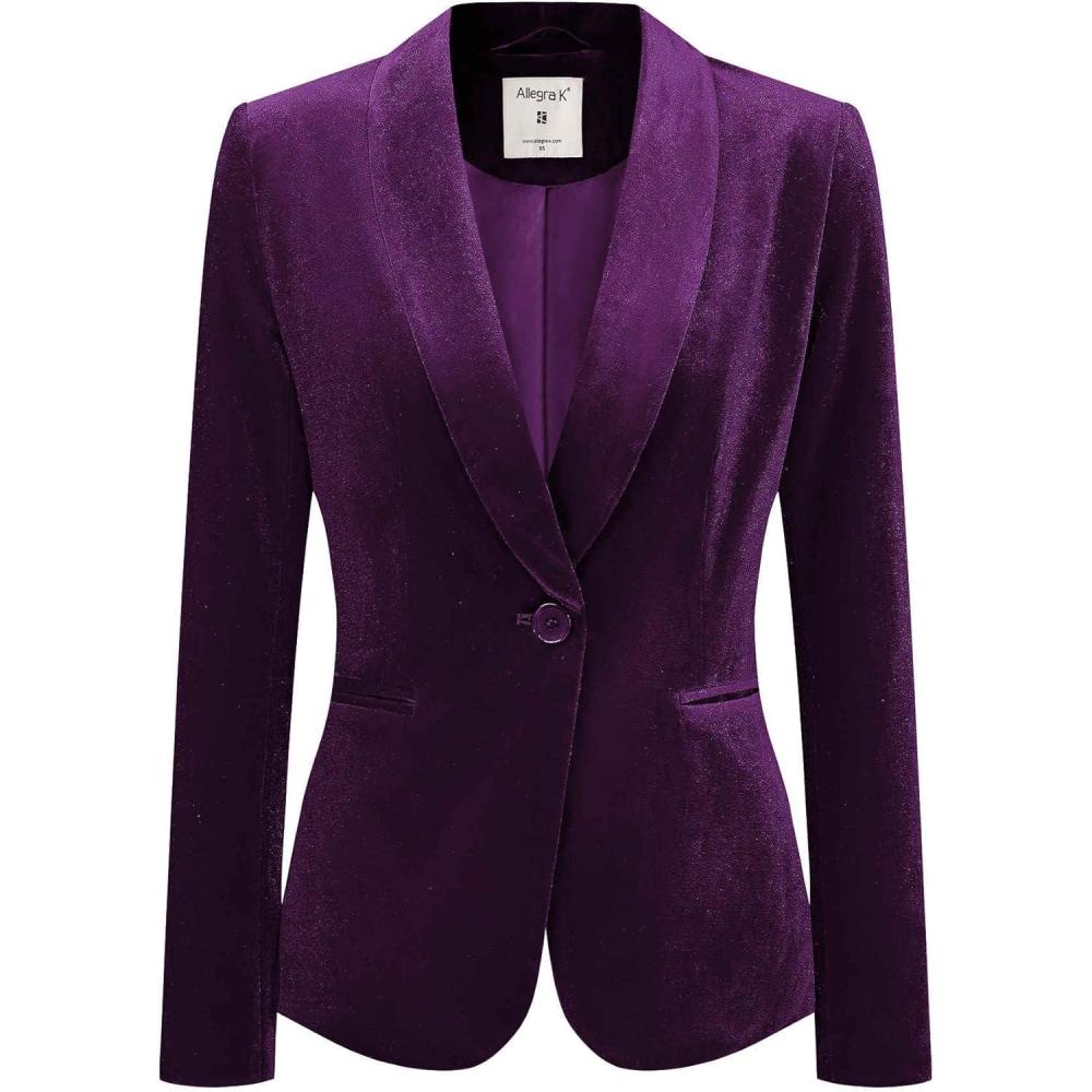 imageAllegra K Womens Halloween Christmas Office Coat Solid Shawl Collar 1 Button Velvet BlazerViolet