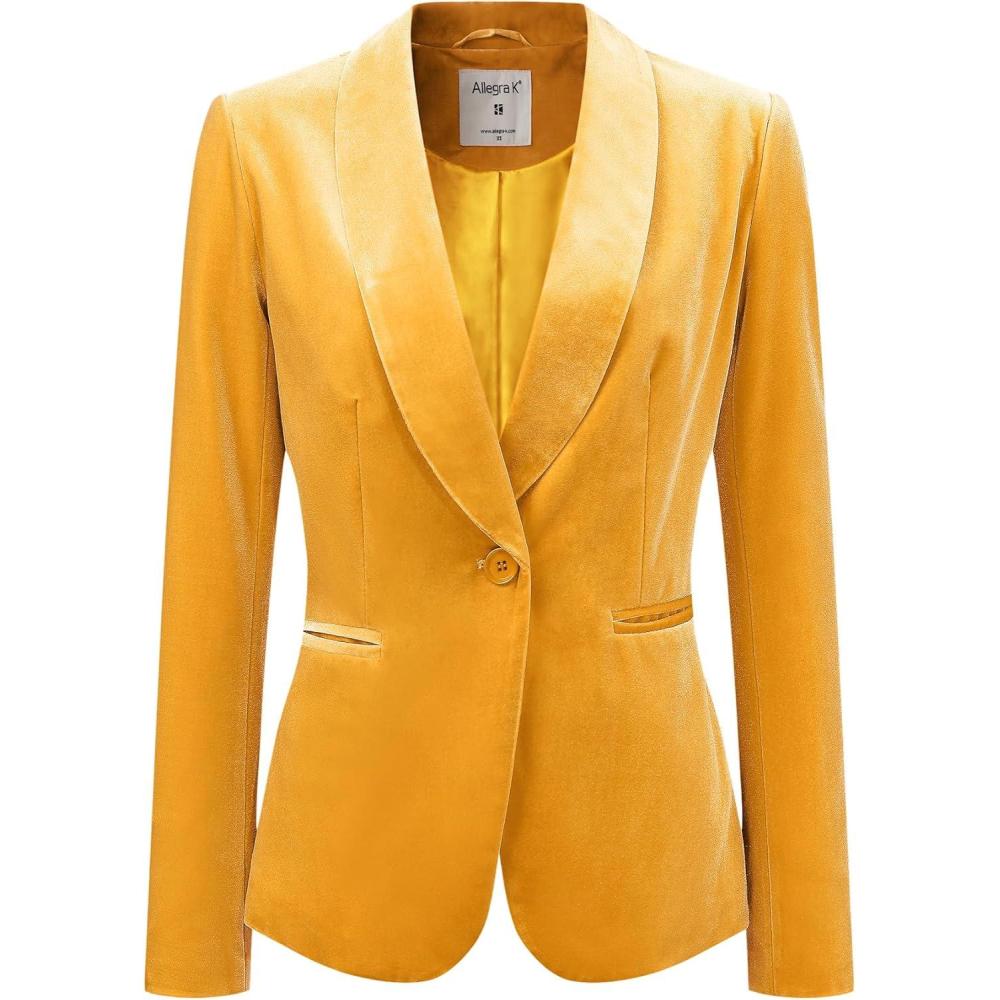 imageAllegra K Womens Halloween Christmas Office Coat Solid Shawl Collar 1 Button Velvet BlazerYellow