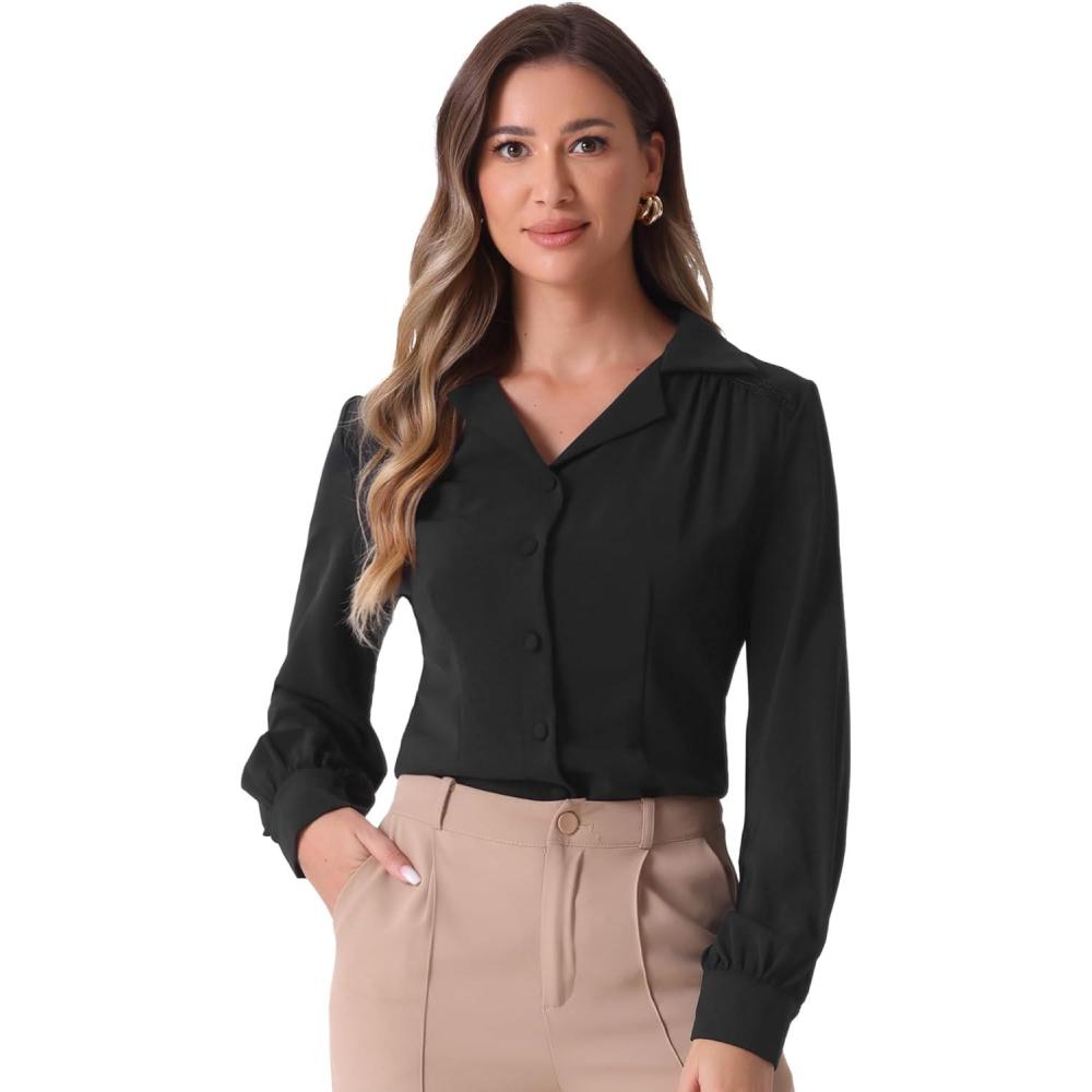 imageAllegra K Womens Long Sleeve Button Down Shirt Vintage Collared Work BlouseBlack