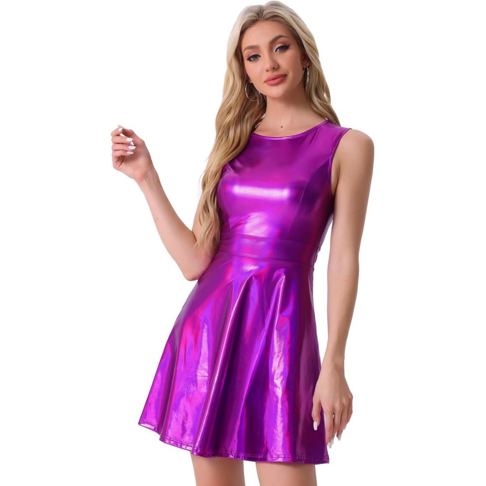 imageAllegra K Womens Metallic Sleeveless High Waist Club Party Disco Holographic DressDark Purple
