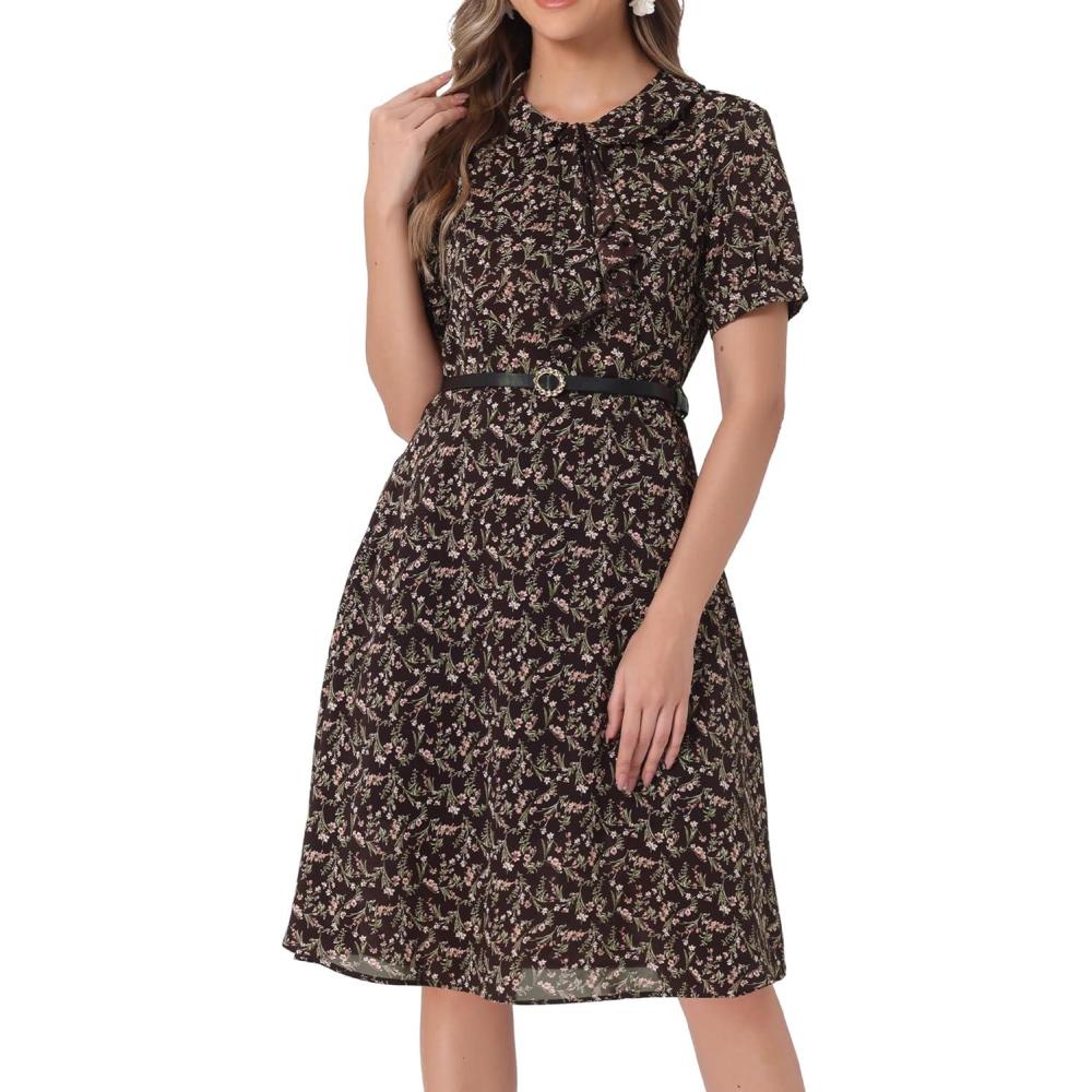 imageAllegra K Womens Peter Pan Collar Tie Neck Short Sleeves ALine Elegant Belted Vintage Floral DressBrown