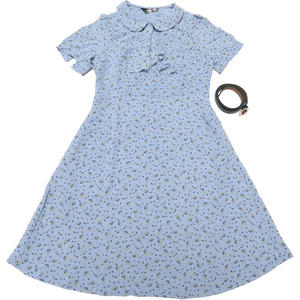 imageAllegra K Womens Peter Pan Collar Tie Neck Short Sleeves ALine Elegant Belted Vintage Floral DressSky Blue