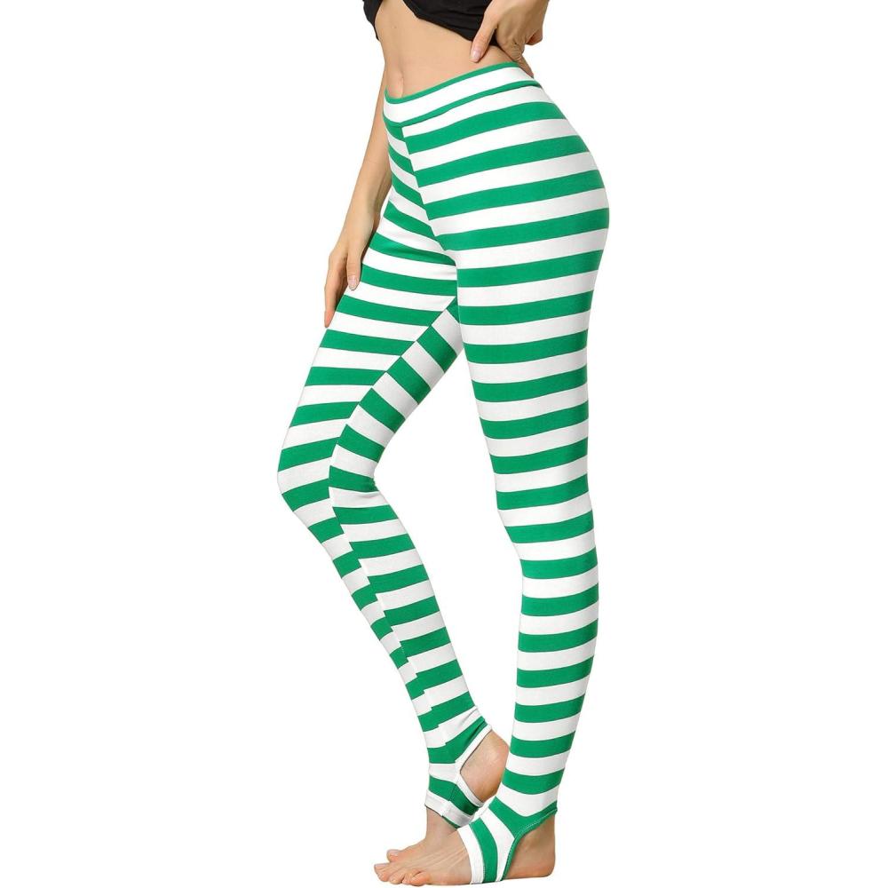 imageAllegra K Womens Rainbow Leggings Printed High Waist Elastic Waistband Party Yoga Stirrup PantsGreen Whitestripe