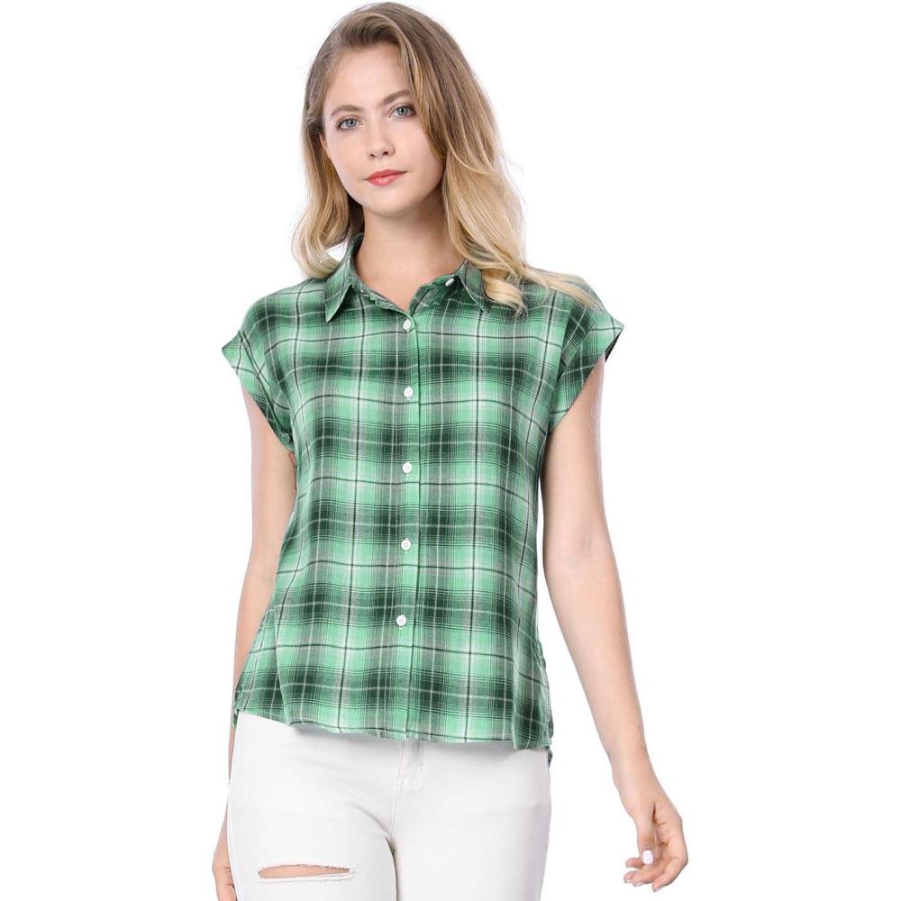 imageAllegra K Womens St Patricks Day Plaid Tops Casual Short Sleeves Western Button Down ShirtGreen