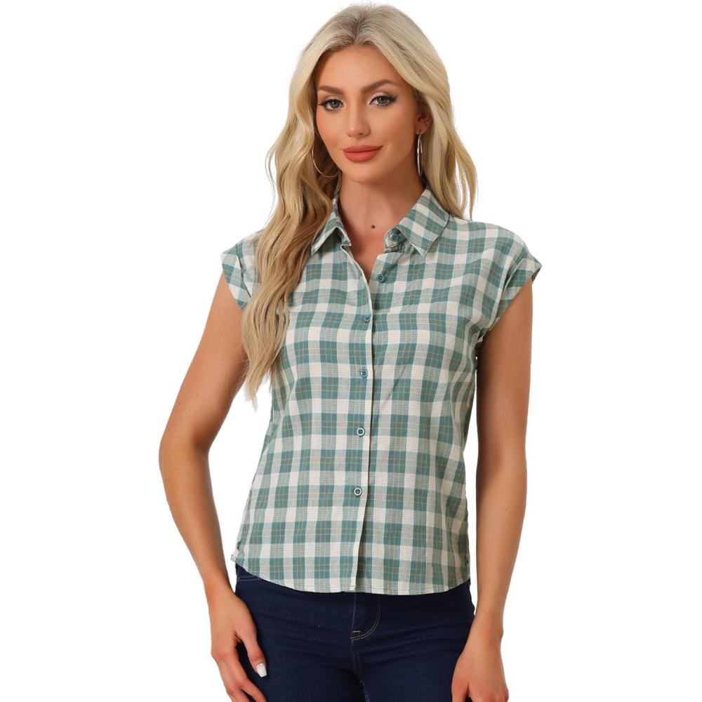 imageAllegra K Womens St Patricks Day Plaid Tops Casual Short Sleeves Western Button Down ShirtGreen White