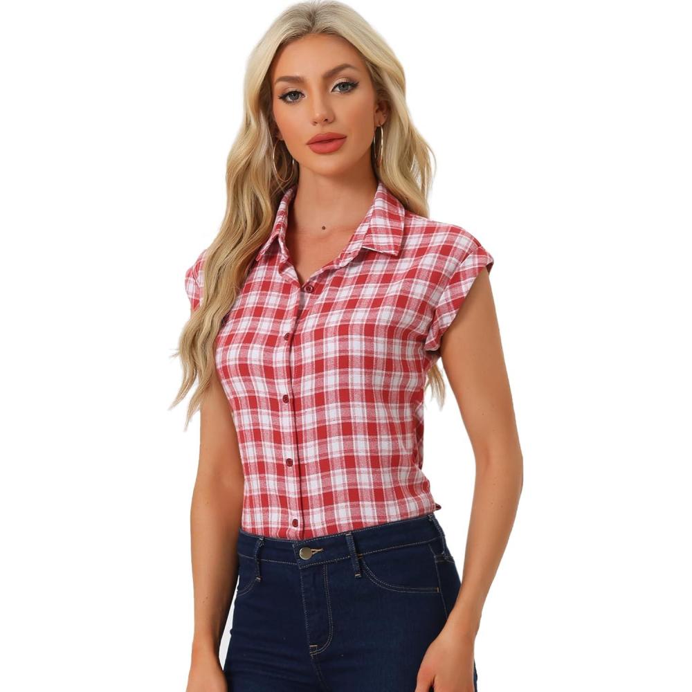imageAllegra K Womens St Patricks Day Plaid Tops Casual Short Sleeves Western Button Down ShirtRed Plaid