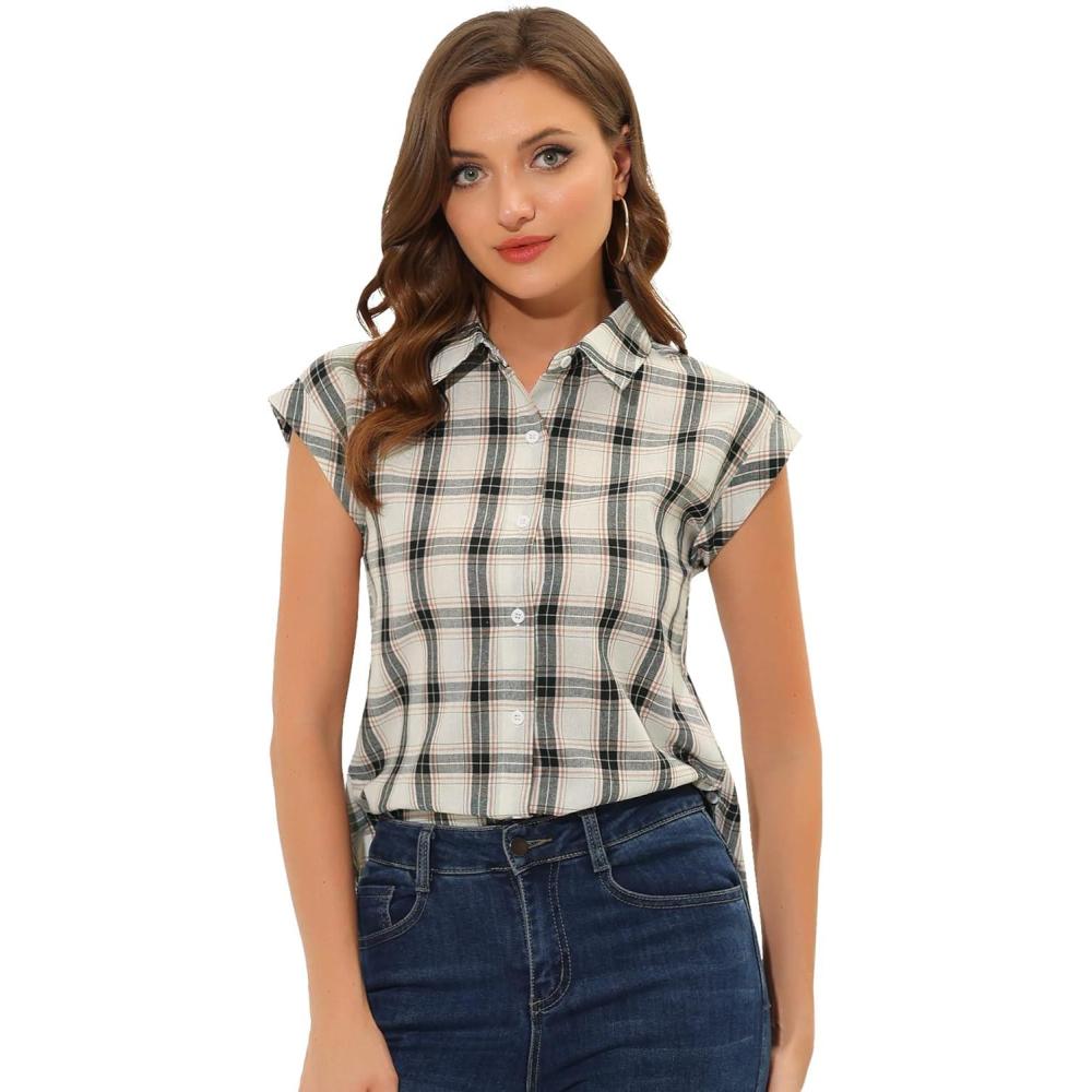 imageAllegra K Womens St Patricks Day Plaid Tops Casual Short Sleeves Western Button Down ShirtWhite