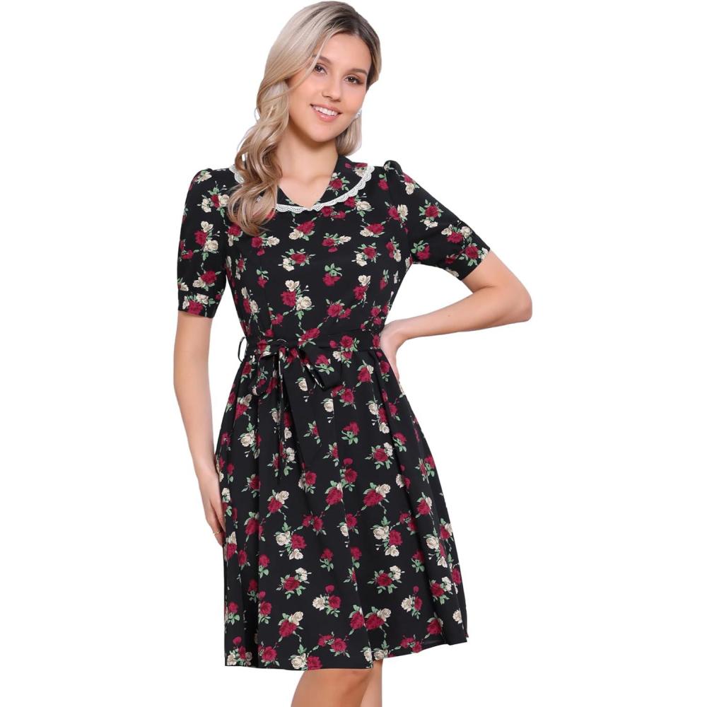 imageAllegra K Womens Vintage Peter Pan Collar High Waist Flowy Midi Puff Sleeve Floral DressBlack Rose