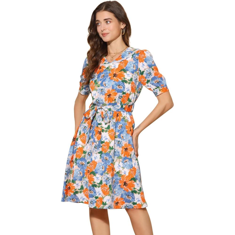 imageAllegra K Womens Vintage Peter Pan Collar High Waist Flowy Midi Puff Sleeve Floral DressOrange Blue