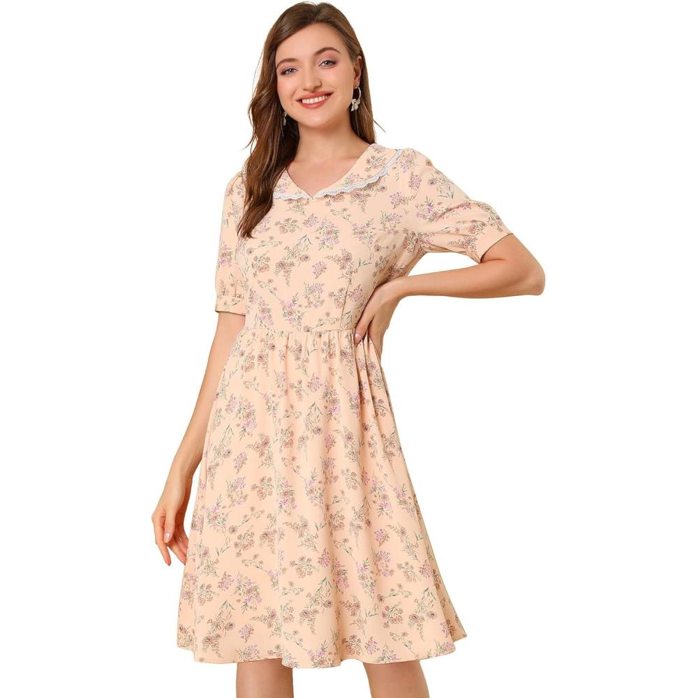 imageAllegra K Womens Vintage Peter Pan Collar High Waist Flowy Midi Puff Sleeve Floral DressPink