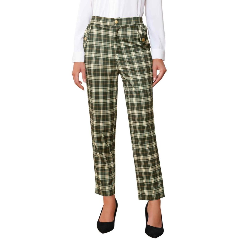 imageAllegra K Womens Vintage Tartan Plaid Pants Elastic Waist Straight Long TrousersArmy Green