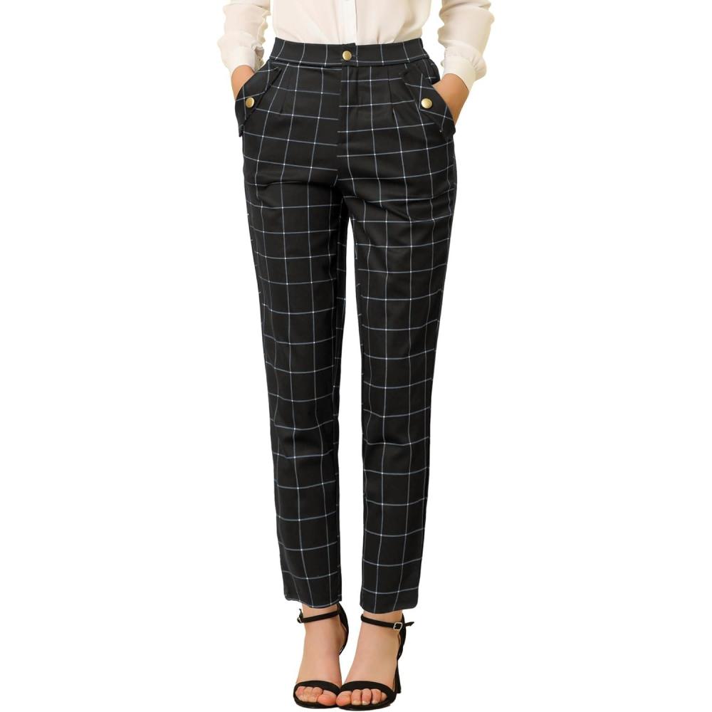 imageAllegra K Womens Vintage Tartan Plaid Pants Elastic Waist Straight Long TrousersBlack