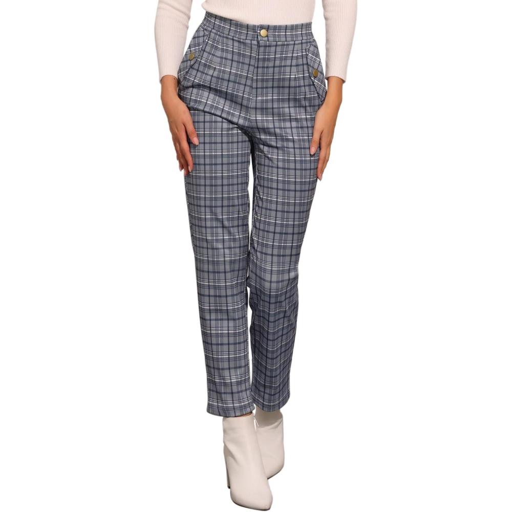 imageAllegra K Womens Vintage Tartan Plaid Pants Elastic Waist Straight Long TrousersGrey Blue