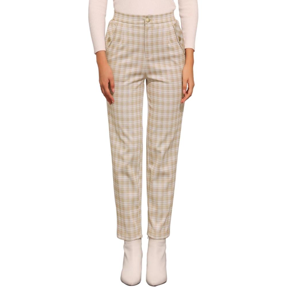 imageAllegra K Womens Vintage Tartan Plaid Pants Elastic Waist Straight Long TrousersKhaki