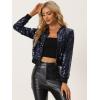 imageAllegra K Women Sequin Bomber Jackets Halloween Sparkly Long Sleeve Zip Front Shiny Cropped Jacket Glitter Party Disco OutfitNavy