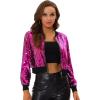 imageAllegra K Women Sequin Bomber Jackets Halloween Sparkly Long Sleeve Zip Front Shiny Cropped Jacket Glitter Party Disco OutfitRose Red