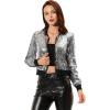 imageAllegra K Women Sequin Bomber Jackets Halloween Sparkly Long Sleeve Zip Front Shiny Cropped Jacket Glitter Party Disco OutfitSilver