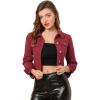 imageAllegra K Womens Button Down Denim Jacket Check Cuffs Casual Cropped Jean JacketsWine Red