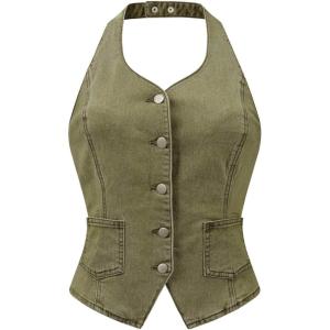 imageAllegra K Denim Vest for Womens Halter Neck Button Down Backless Jean WaistcoatArmy Green
