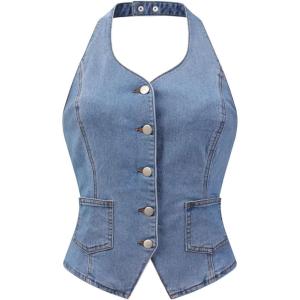 imageAllegra K Denim Vest for Womens Halter Neck Button Down Backless Jean WaistcoatBlue