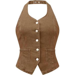 imageAllegra K Denim Vest for Womens Halter Neck Button Down Backless Jean WaistcoatBrown