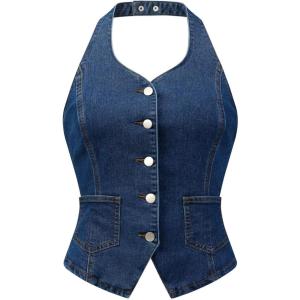imageAllegra K Denim Vest for Womens Halter Neck Button Down Backless Jean WaistcoatDark Blue