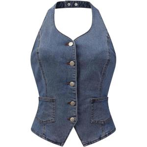 imageAllegra K Denim Vest for Womens Halter Neck Button Down Backless Jean WaistcoatGray Blue