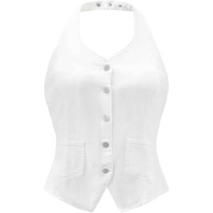 imageAllegra K Denim Vest for Womens Halter Neck Button Down Backless Jean WaistcoatWhite